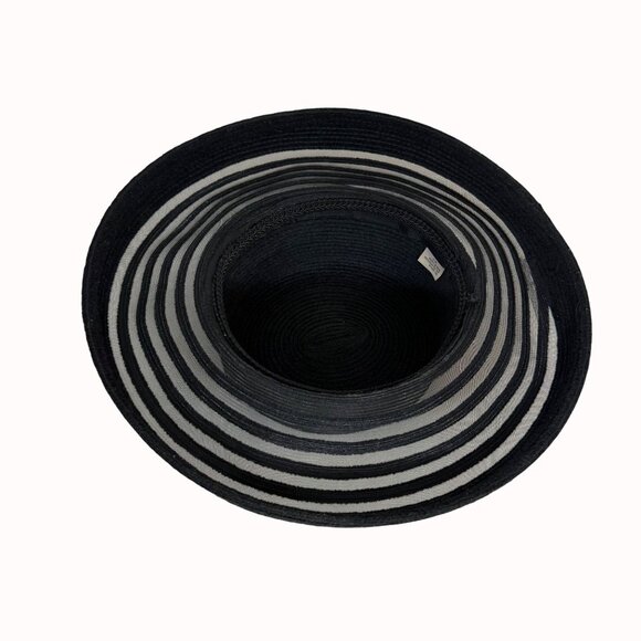 Black Wide Brim Sun Hat Sheer Stripe Beach Elegant Summer Floppy Resort Chic - Picture 6 of 16